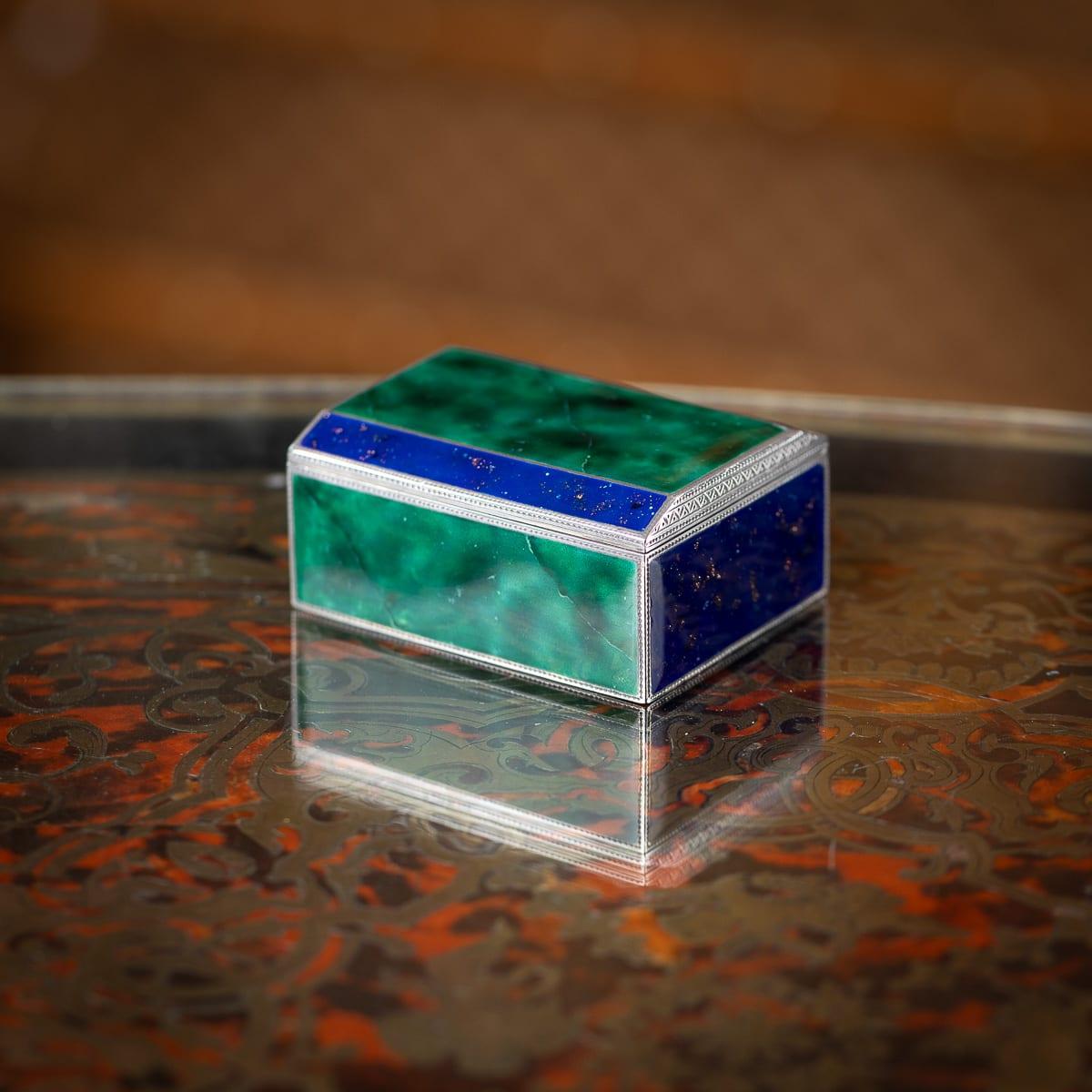Antique 20th Century Germany solid silver, enamelled in the style of nephrite and lapis lazuli small cigar box. Ideal for storing cigars or accessories. The rich green of the immitated nephrite and the deep blue of the lapis, flecked with gold, give