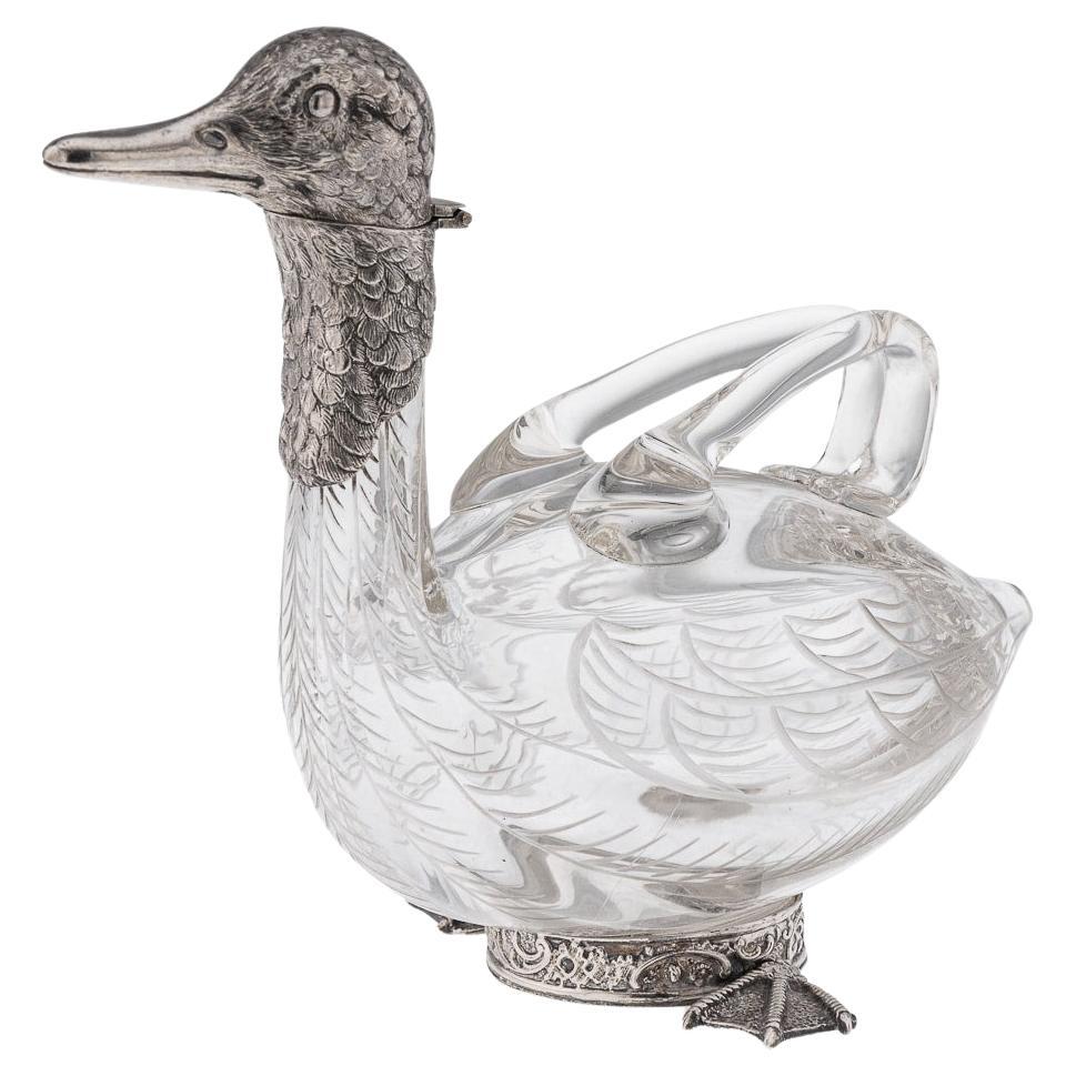Antique 20th Century German Solid Silver & Glass Novelty Duck Claret Jug c.1900