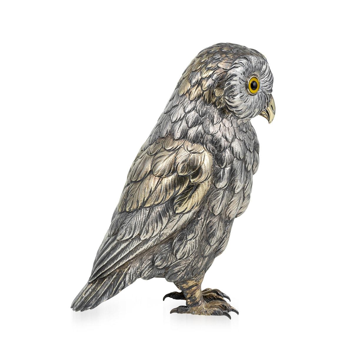 Early 20th Century Antique 20th Century German Solid Silver Owl Figure, Hanau c.1920 For Sale