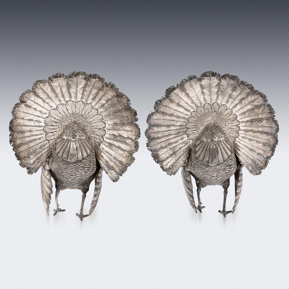 Antica coppia di tacchini da tavolo ornamentali in argento massiccio tedesco del XX secolo, 1910 ca. In condizioni buone in vendita a Royal Tunbridge Wells, Kent