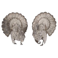 Antique 20th Century German Solid Silver Pair Of Ornamental Table Turkeys c.1910