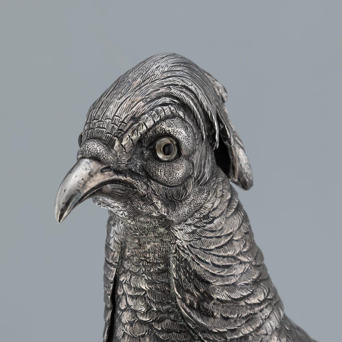 Ancienne paire de statues de faisans en argent massif allemand du 20e siècle, Hanau c.1900 en vente 4