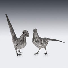 Antique 20th Century German Solid Silver Pair Of Pheasant Statues, Hanau c.1900