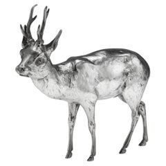 Antique 20th Century German Solid Silver Statues Of A Reindeer, Hanau c.1920