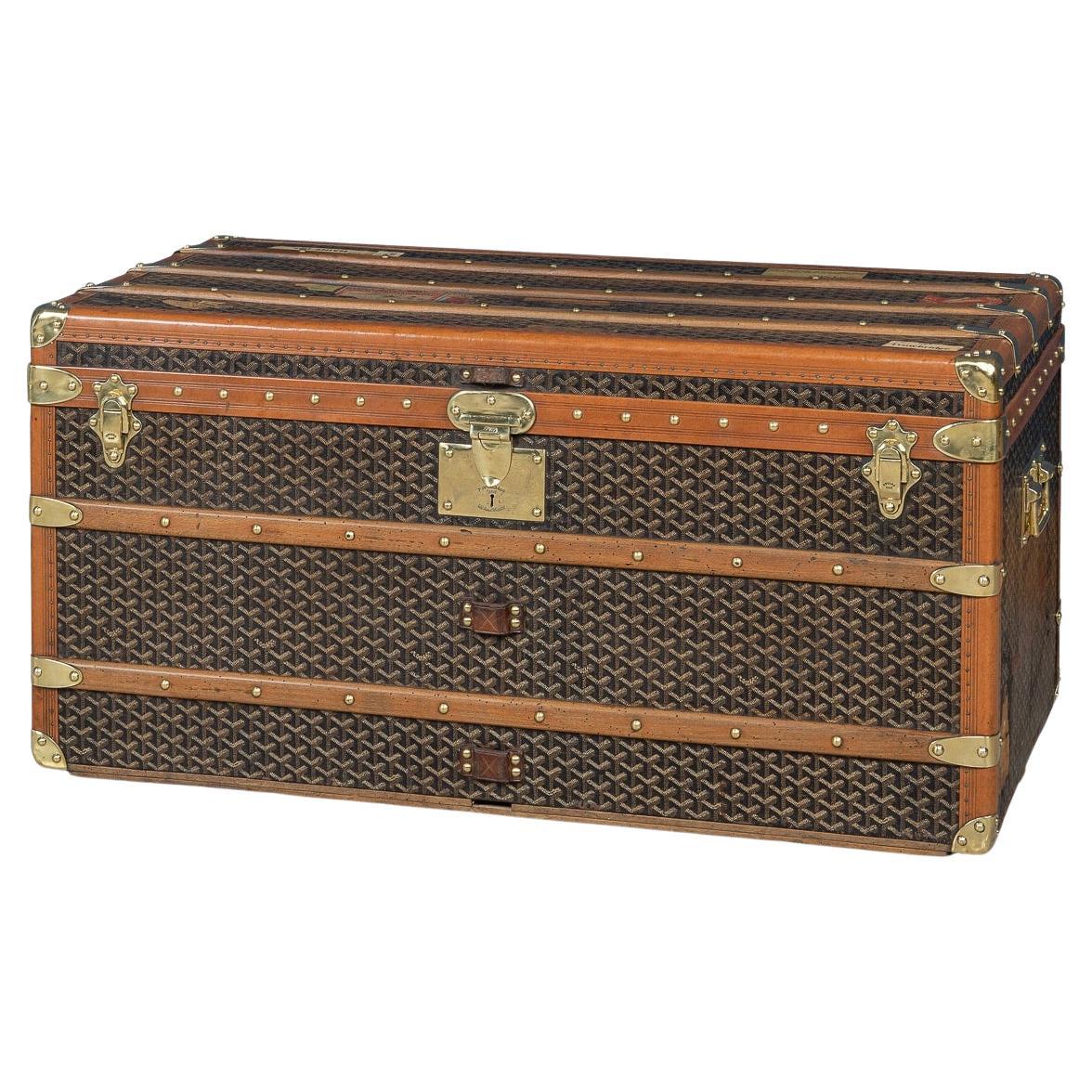 Antike Goyard Courier-Truhe des 20. Jahrhunderts aus Chevron-Leinwand, Frankreich um 1900