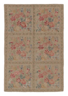 Antique 20th Century Hooked Rug Floral Panels in Beige & Soft Hues - Rug & Kilim