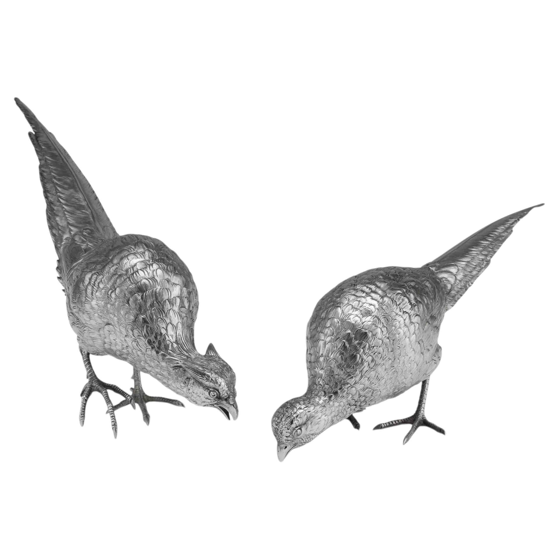 Antique 20th Century Italian Solid Silver Pair Of Pheasant Statues c.1920 For Sale