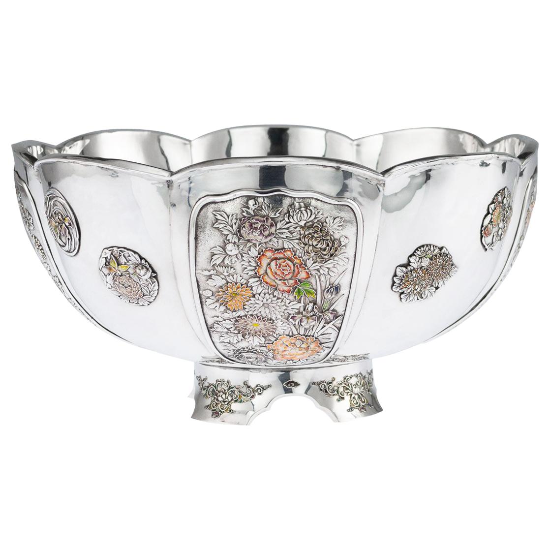 Antique 20th Century Japanese Meiji Period Solid Silver & Enamel Bowl circa 1900