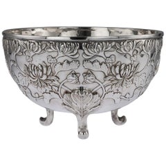 Antique 20th Century Japanese Meiji Period Solid Silver Floral Bowl, circa 1900
