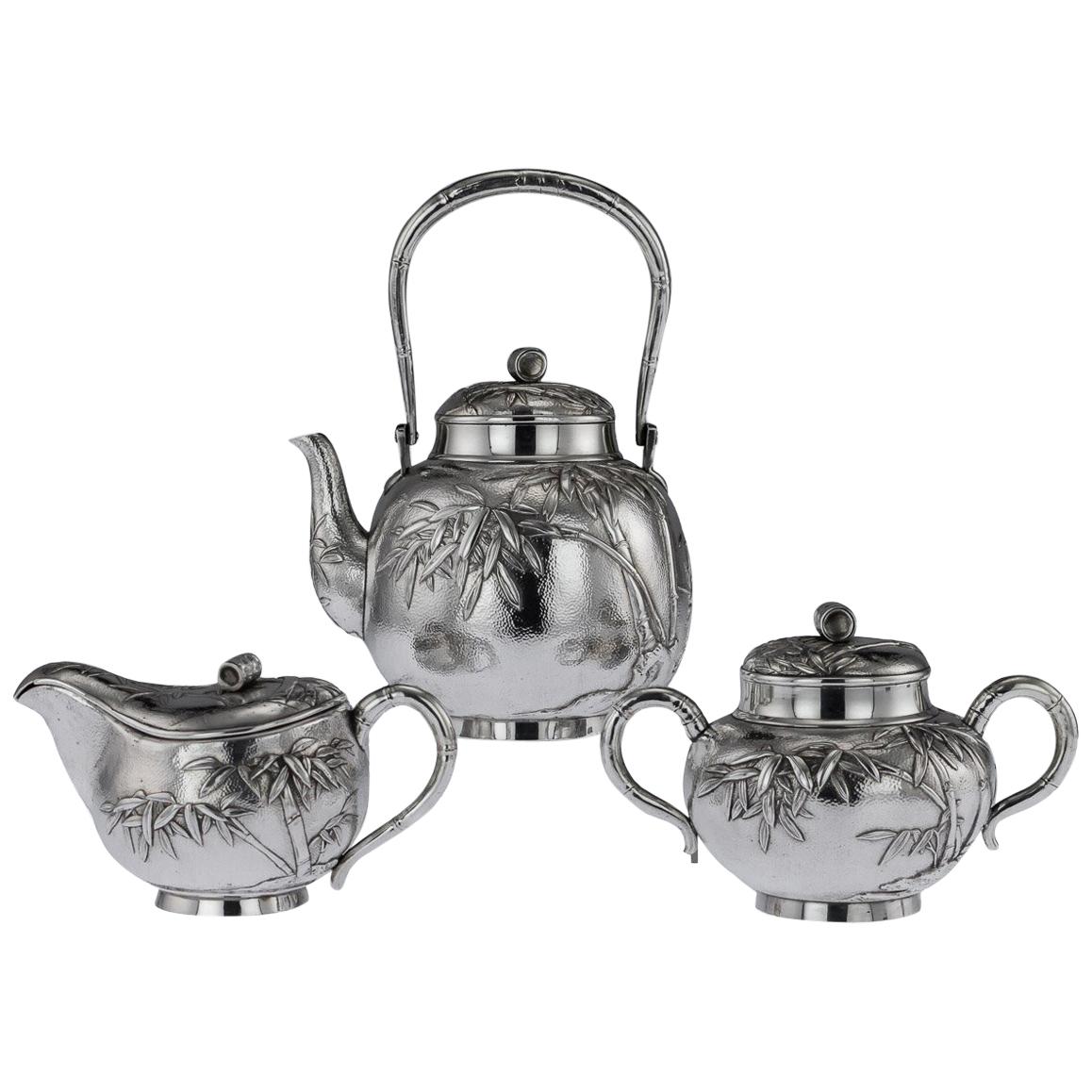 Antique 20th Century Japanese Meiji Solid Silver Three Piece Tea Set