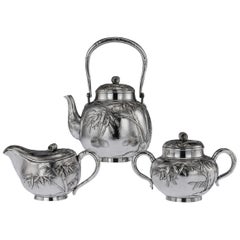 Vintage 20th Century Japanese Meiji Solid Silver Three Piece Tea Set, circa 1900