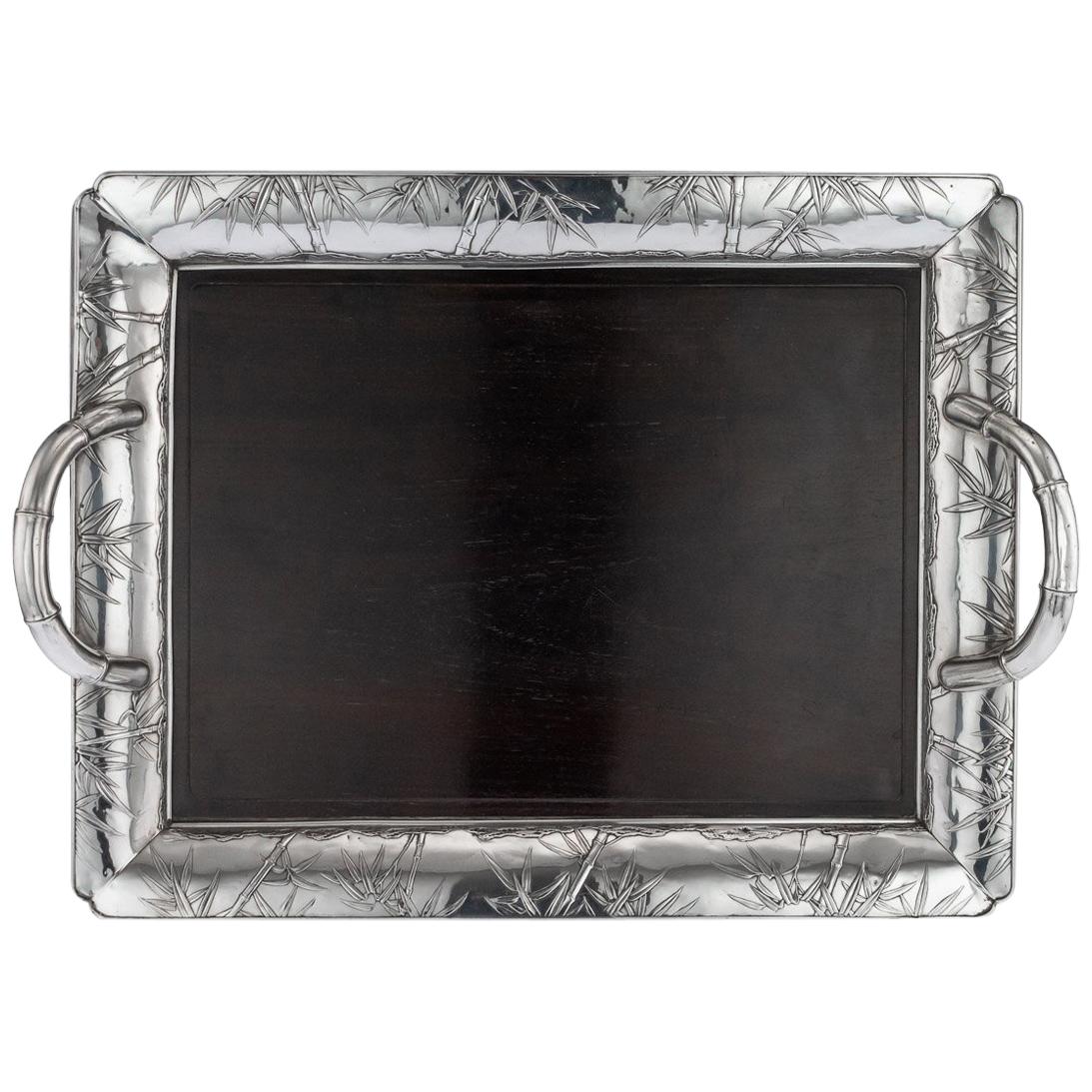 Antique 20th Century Japanese Solid Silver and Wood Serving Tray, circa 1900