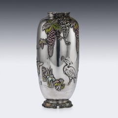 Antique 20th Century Japanese Solid Silver & Enamel Vase, Sanju Saku, circa 1900