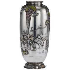 Antique 20th Century Japanese Solid Silver & Enamel Vase, Sanju Saku, circa 1900