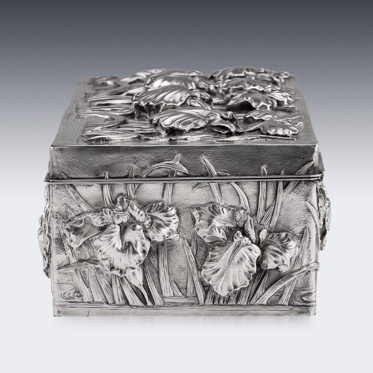 Other Antique 20th Century Japanese Solid Silver Iris Flower Cigar Humidor Box c.1900 For Sale