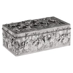 Antique 20th Century Japanese Solid Silver Iris Flower Cigar Humidor Box c.1900