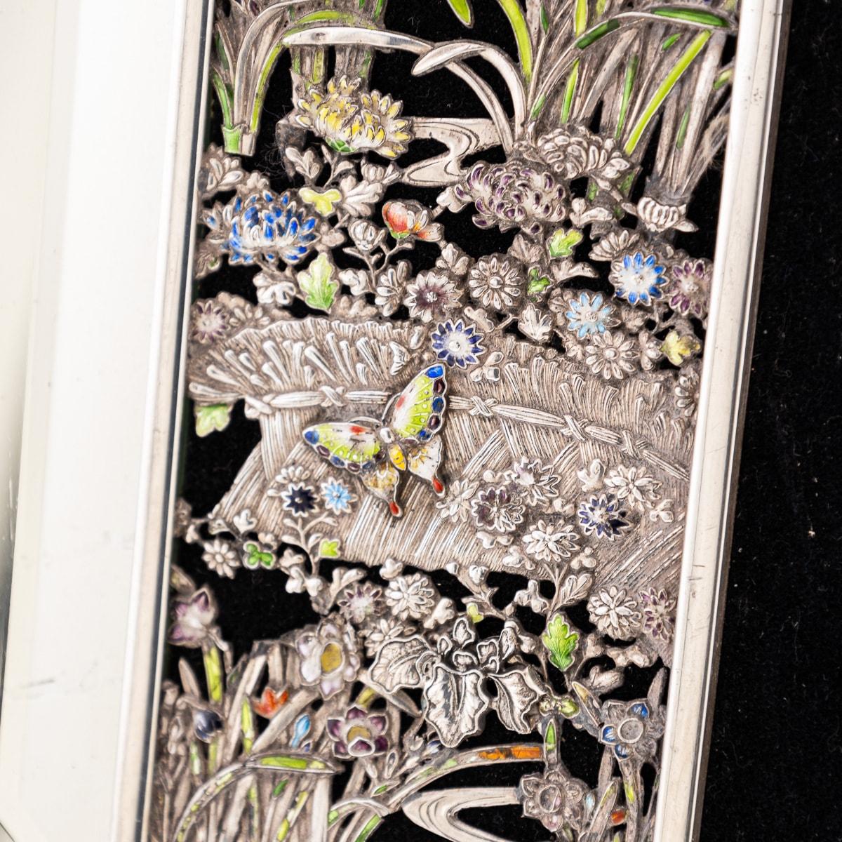 Antique 20th Century Japanese Solid Silver & Shaded Enamel Wall Mirror c.1900 3