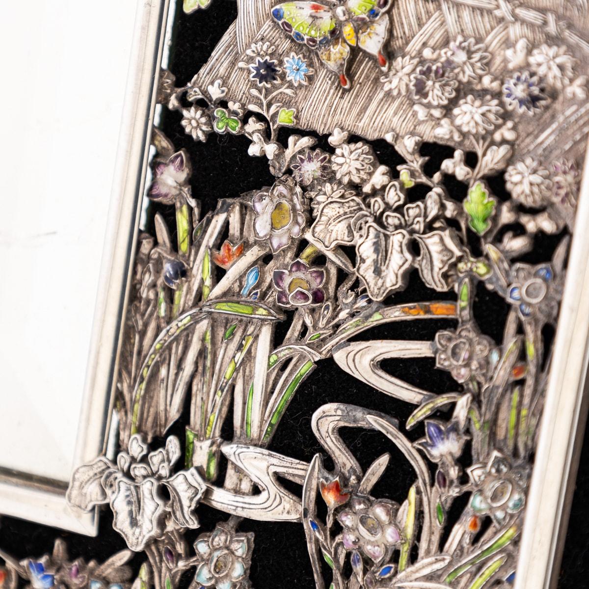 Antique 20th Century Japanese Solid Silver & Shaded Enamel Wall Mirror c.1900 10