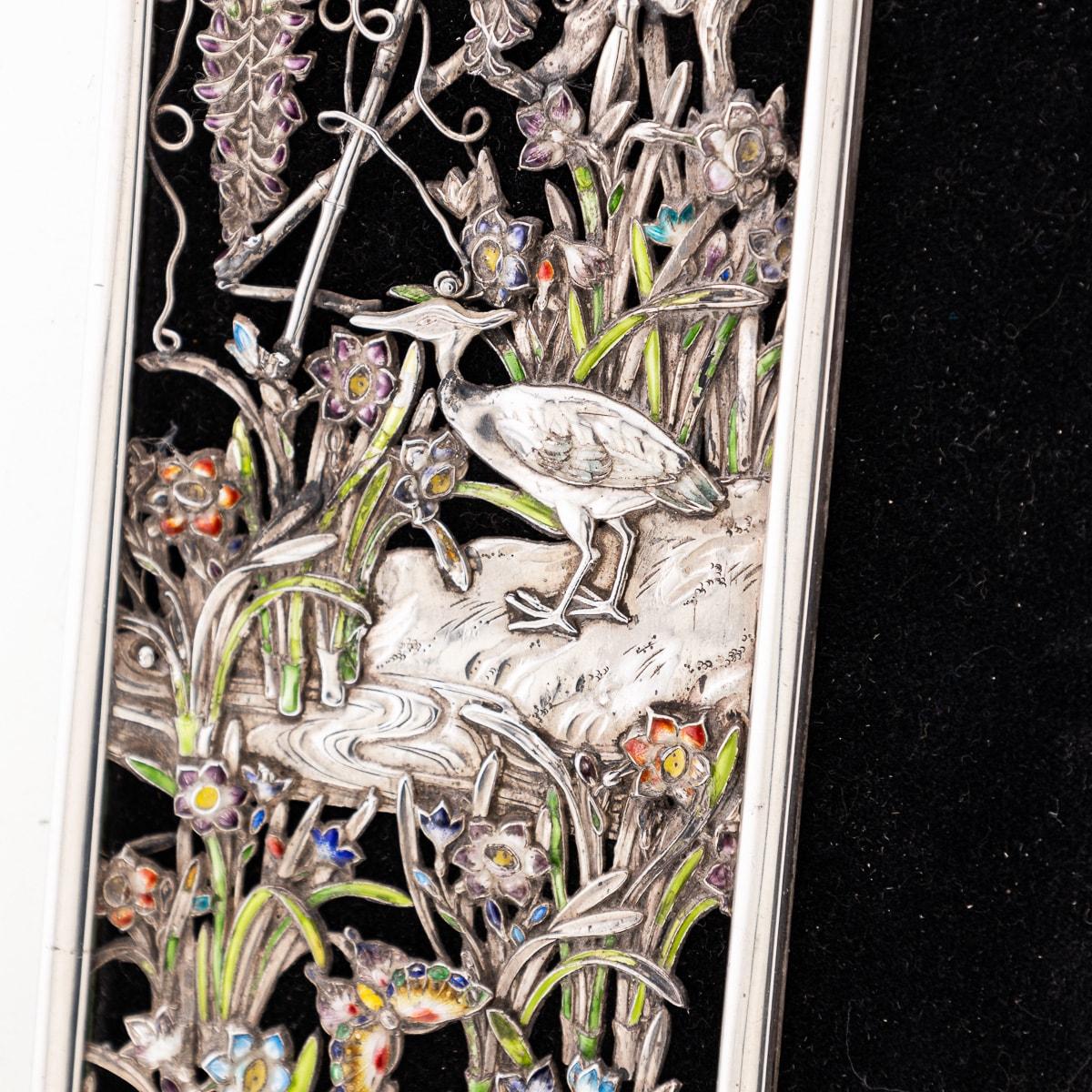 Antique 20th Century Japanese Solid Silver & Shaded Enamel Wall Mirror c.1900 1