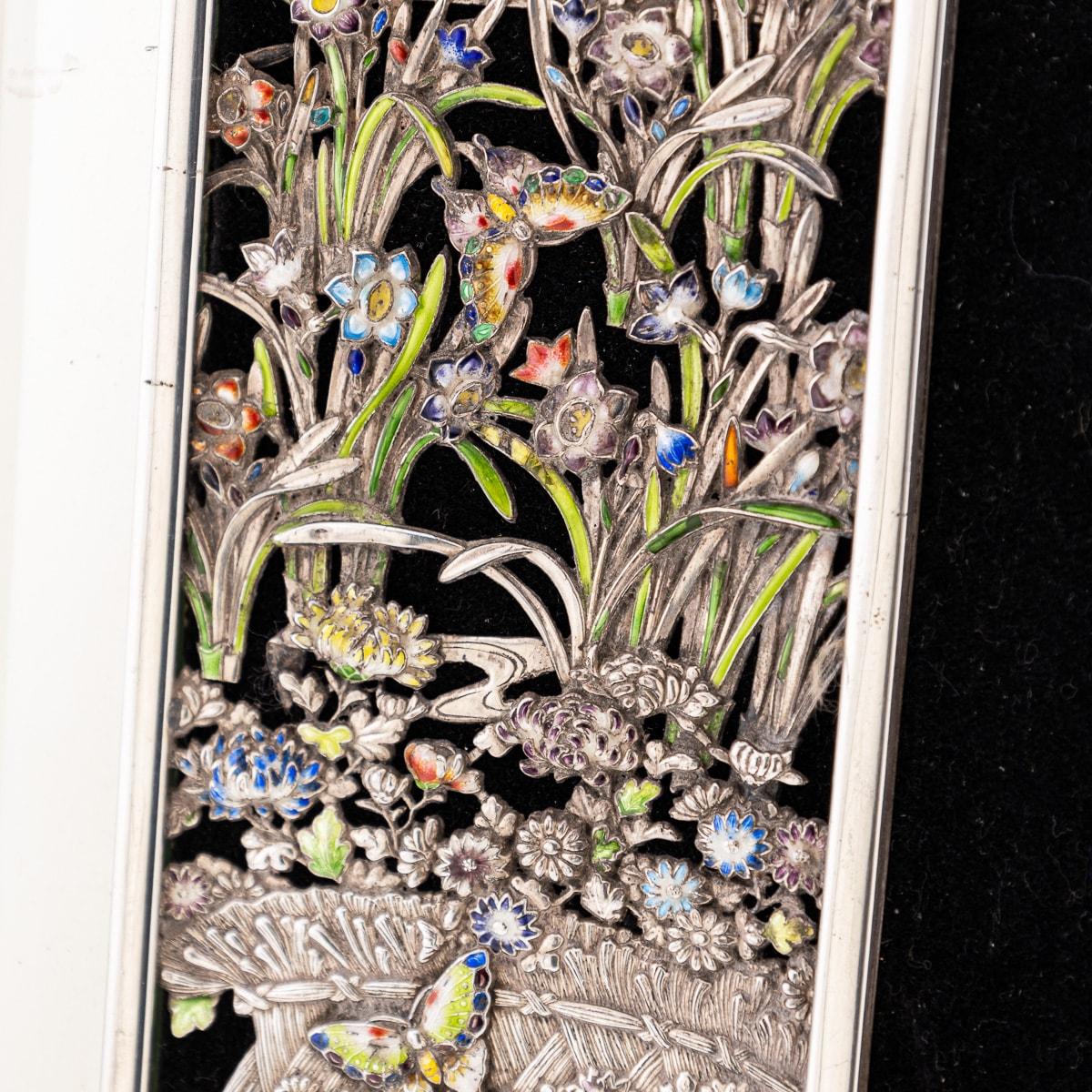 Antique 20th Century Japanese Solid Silver & Shaded Enamel Wall Mirror c.1900 2