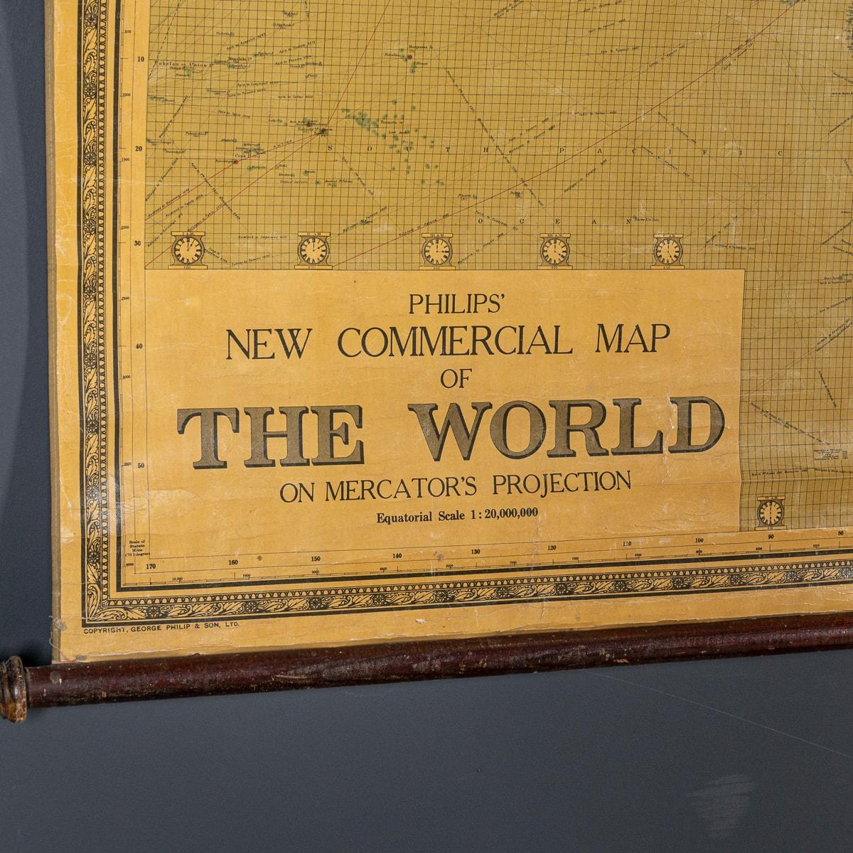 Early 20th Century Antique 20th Century Large Scrolled Map Of The World, George Philips c.1918 For Sale