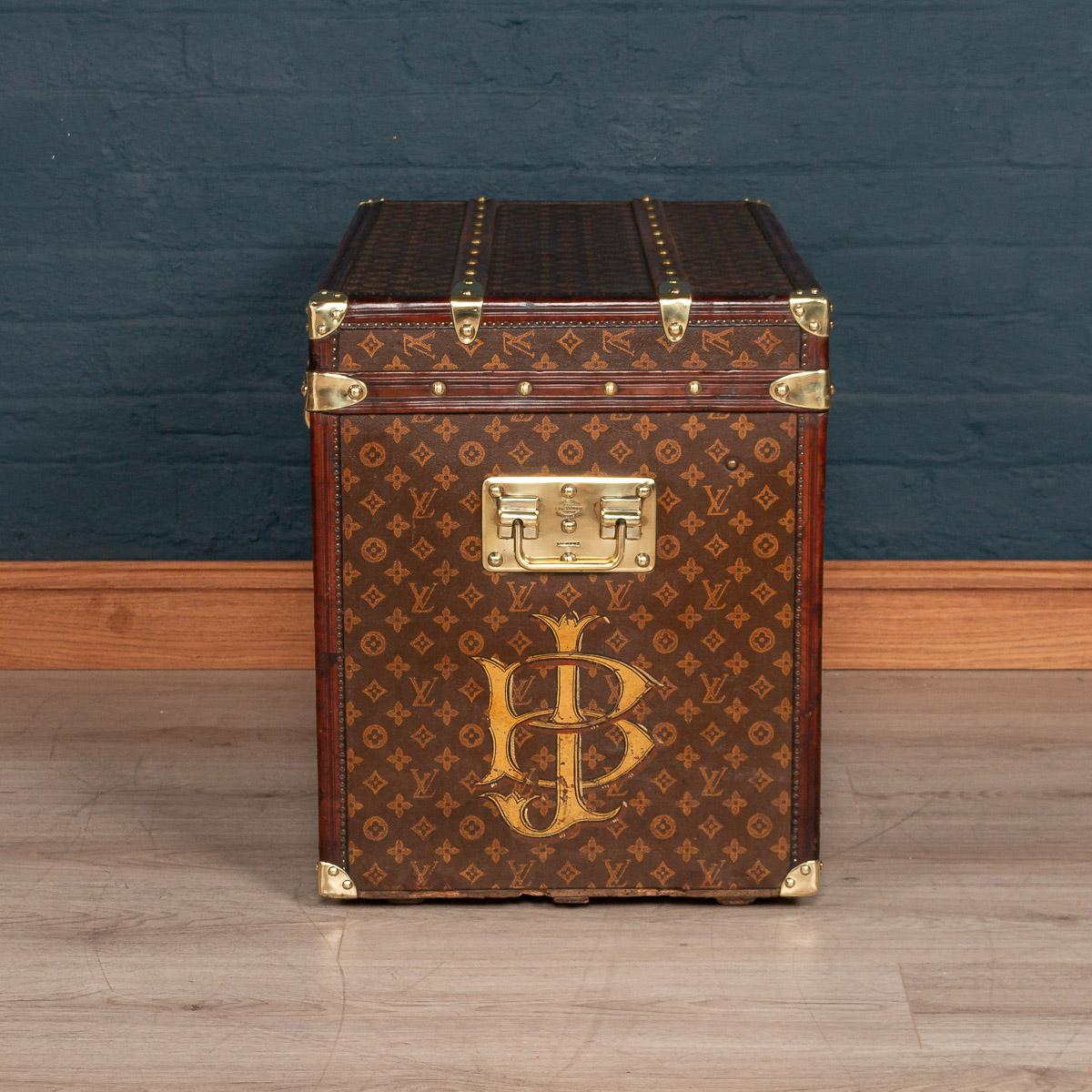 Antique 20th century stunning Louis Vuitton hat trunk in stencilled monogrammed canvas with leather and brass trim, France, circa 1910. This trunk is a must have item for any elite traveller harking back to times of passenger ships and 1st class