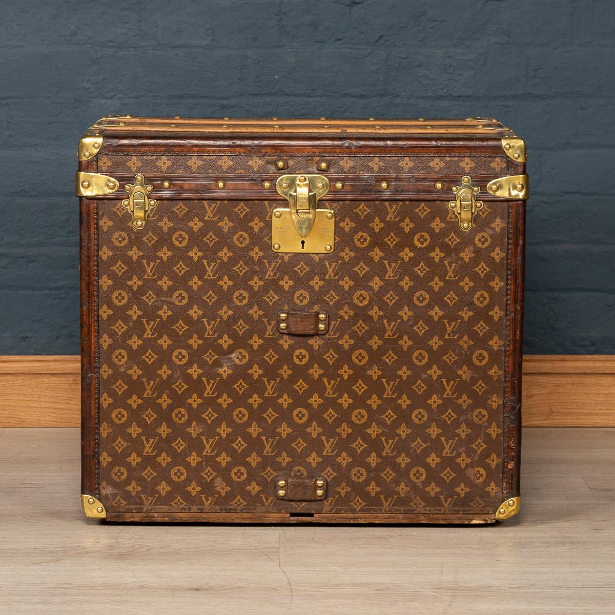 Antique 20th century stunning Louis Vuitton hat trunk in stencilled monogrammed canvas with leather and brass trim, France, circa 1910. This trunk is a must have item for any elite traveller harking back to times of passenger ships and 1st class