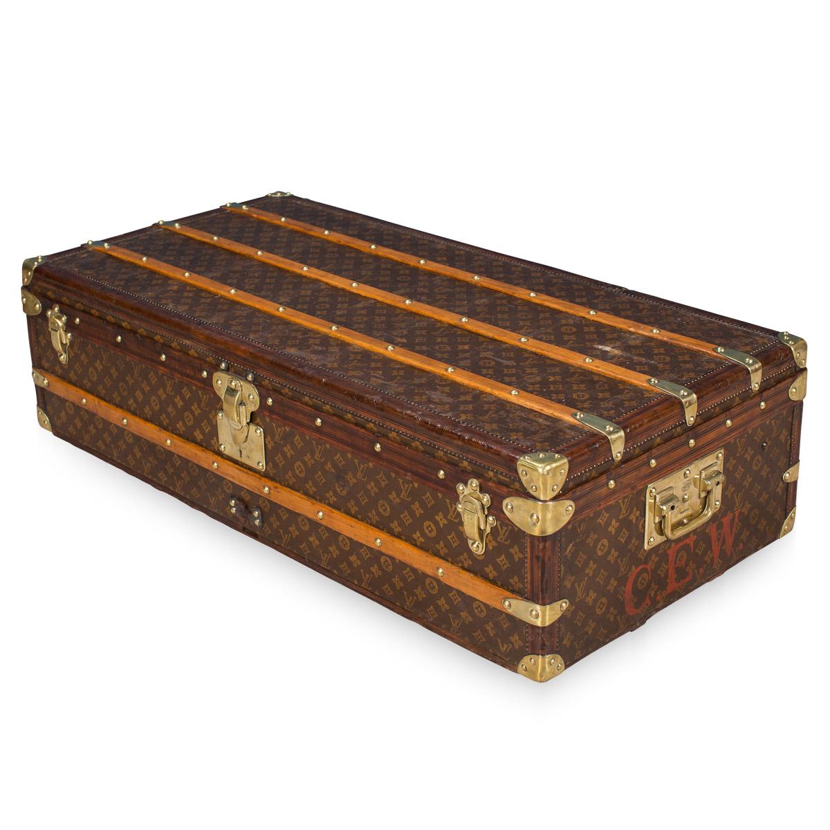 Beautiful early 20th century Louis Vuitton trunk covered in the world famous LV monogrammed canvas, with its lozine borders and brass fitting this trunk would have been the top of the line even at the time of purchase some 100 years ago. Oozing