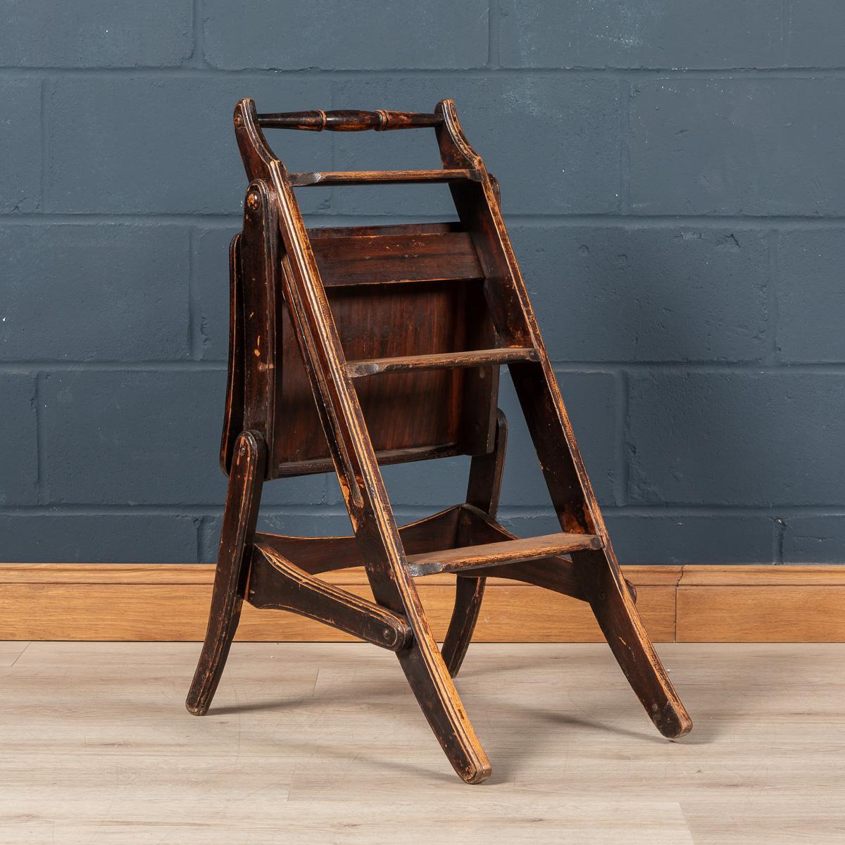 A very unusual oak “metamorphic“ library chairs dating to the late 19th / early 20th century. With the simplest of movements this chair transform from a comfortable reading chair to a lovely set of library steps. A curious dual use object which is