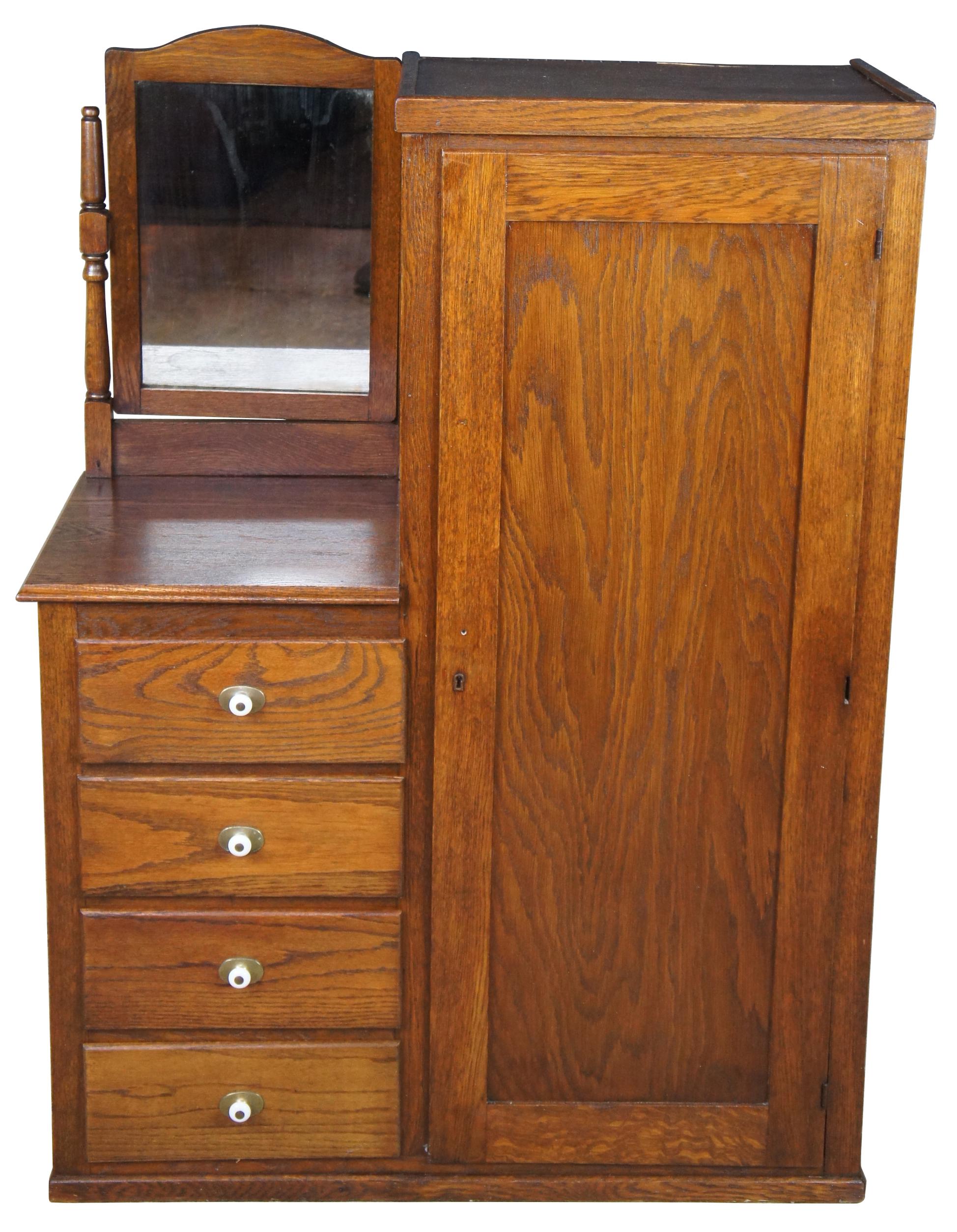 Oak chifforobe or armoire with porcelain knobs and mirror, circa 1930s. A chifforobe, also chiffarobe or chifferobe, is a closet-like piece of furniture that combines a long space for hanging clothes with a chest of drawers. Typically the wardrobe