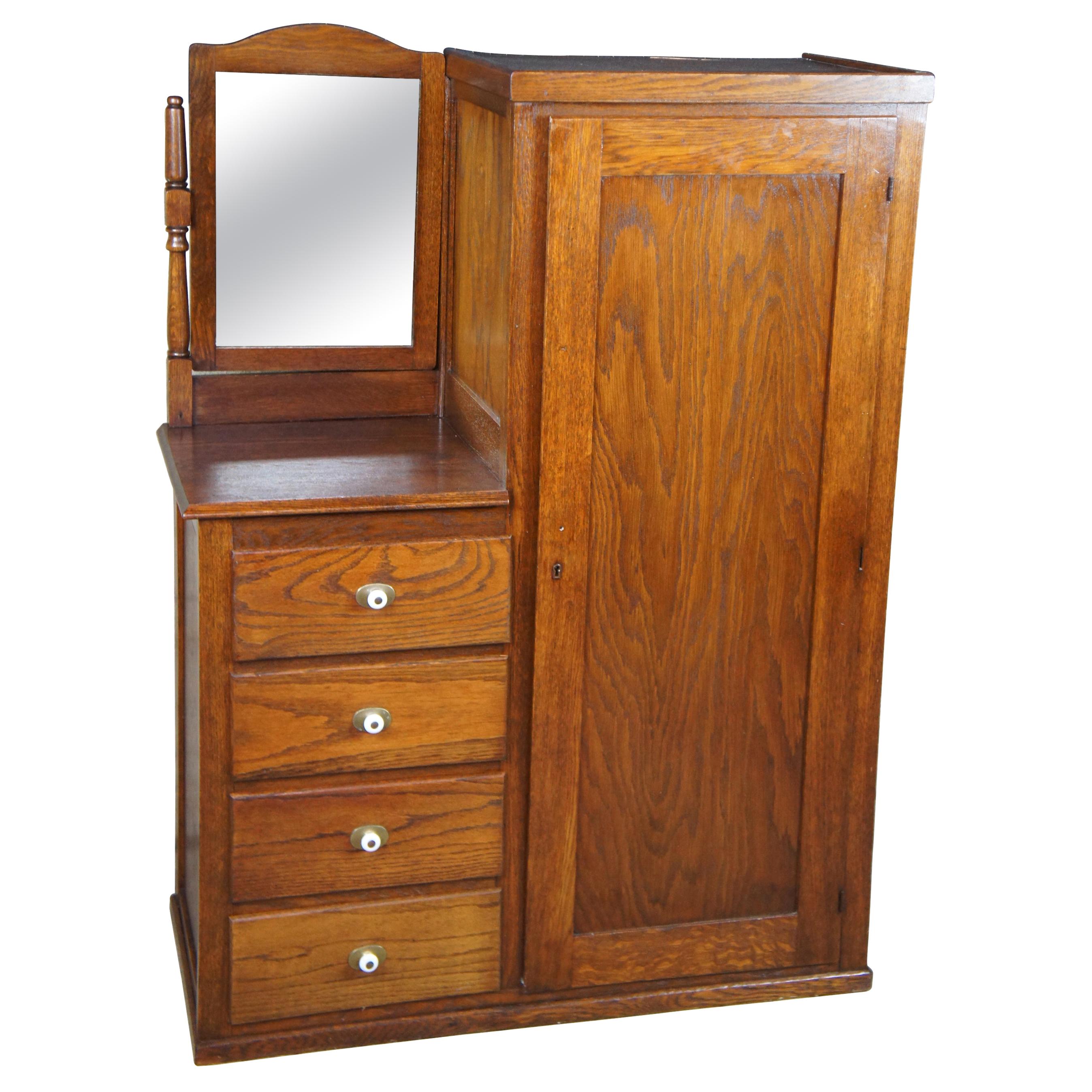 Antique 20th Century Oak Chifforobe Wardrobe Vanity Dresser Hanging Closet