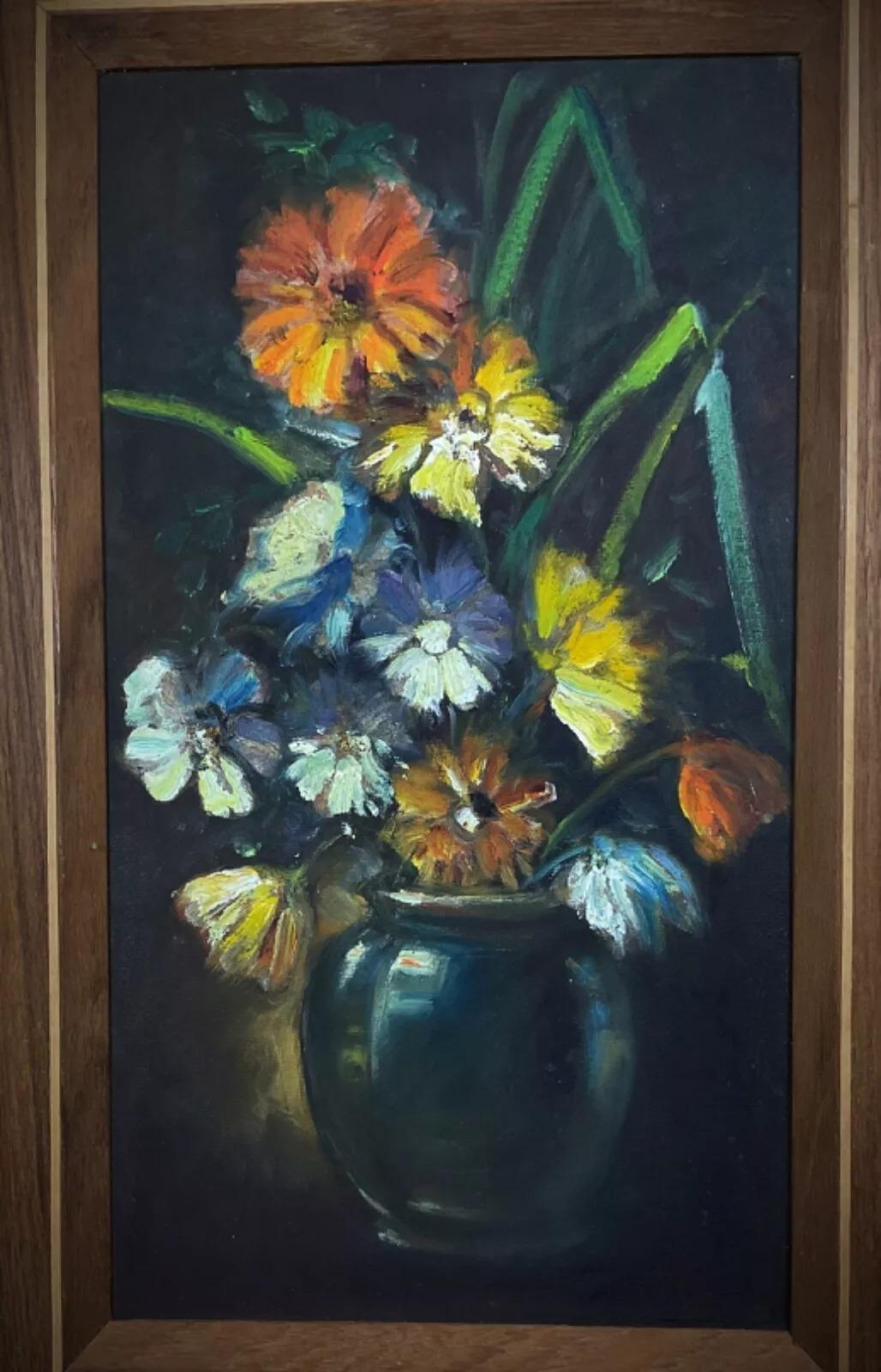 Antique 20th Century Oil on Canvas Floral Still Life Painting - 2Y429 For Sale 2