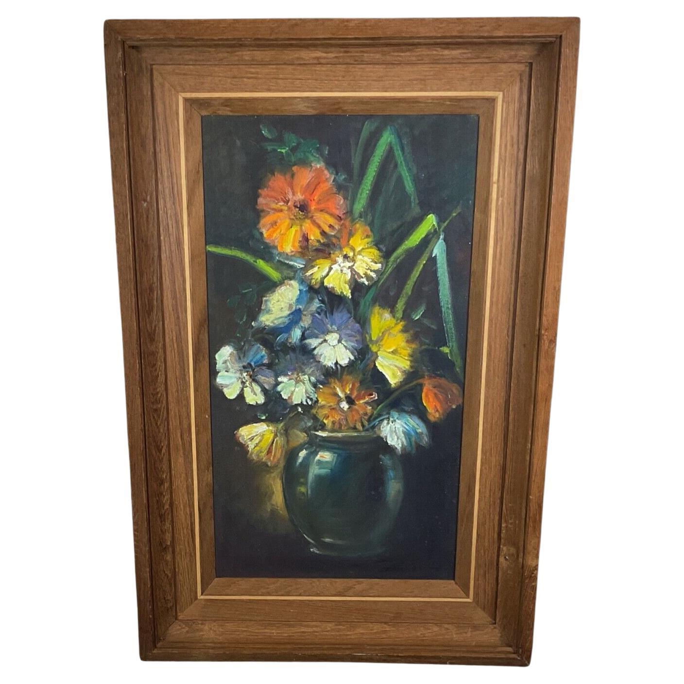 Antiguo óleo sobre lienzo del siglo XX Pintura de bodegón floral - 2Y429