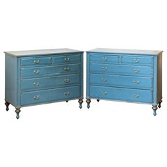 Antique 20th Century Pair of Blue and Gilt Painted Chest of Drawers