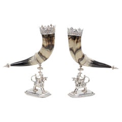 Antique 20th Century Pair Of Silver Plated Monumental Drinking Horns c.1900