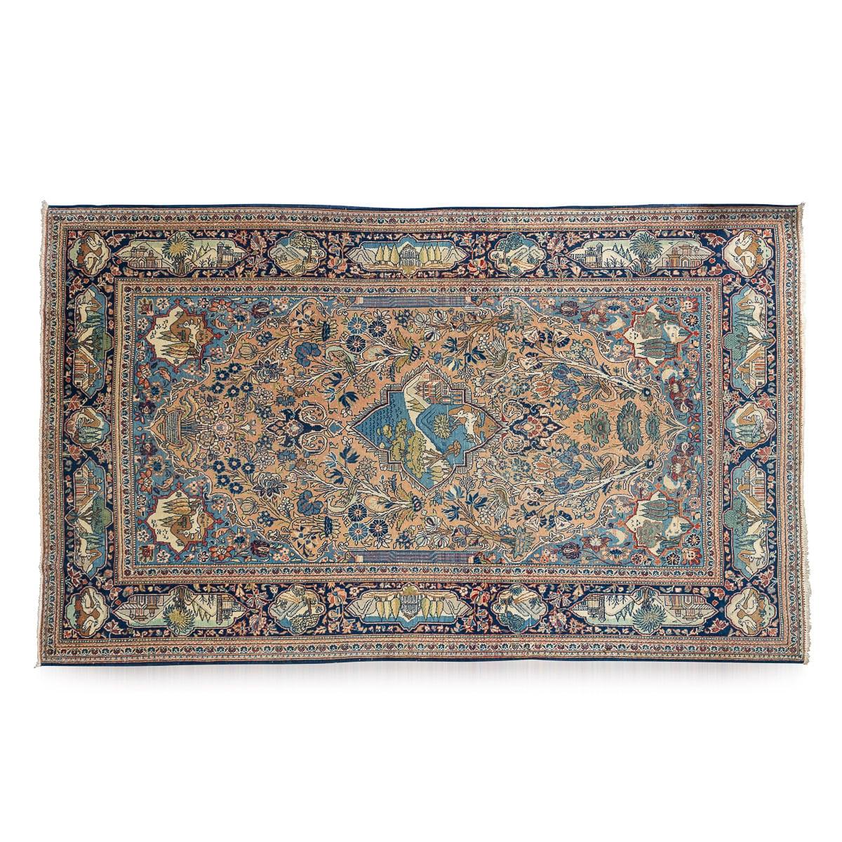 Antique early 20th Century handmade Persian Kashan rug. These rugs are rare, with few examples in such excellent condition available. Masterfully crafted, featuring house motifs along the borders and a unique medallion. This rug will undoubtedly