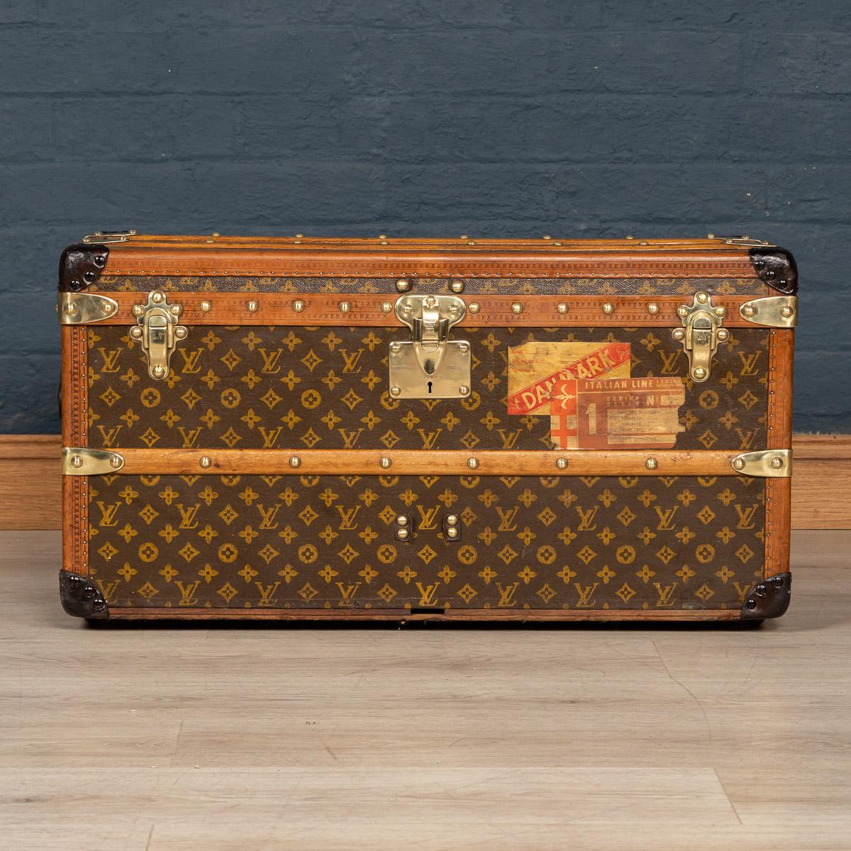 Antique 20th century beautiful and very rare shoe trunk by Louis Vuitton, with vibrant monogram, lozine trim and brass fittings, this trunk is a must have item for any elite traveller harking back to times of passenger ships and 1st class travel of