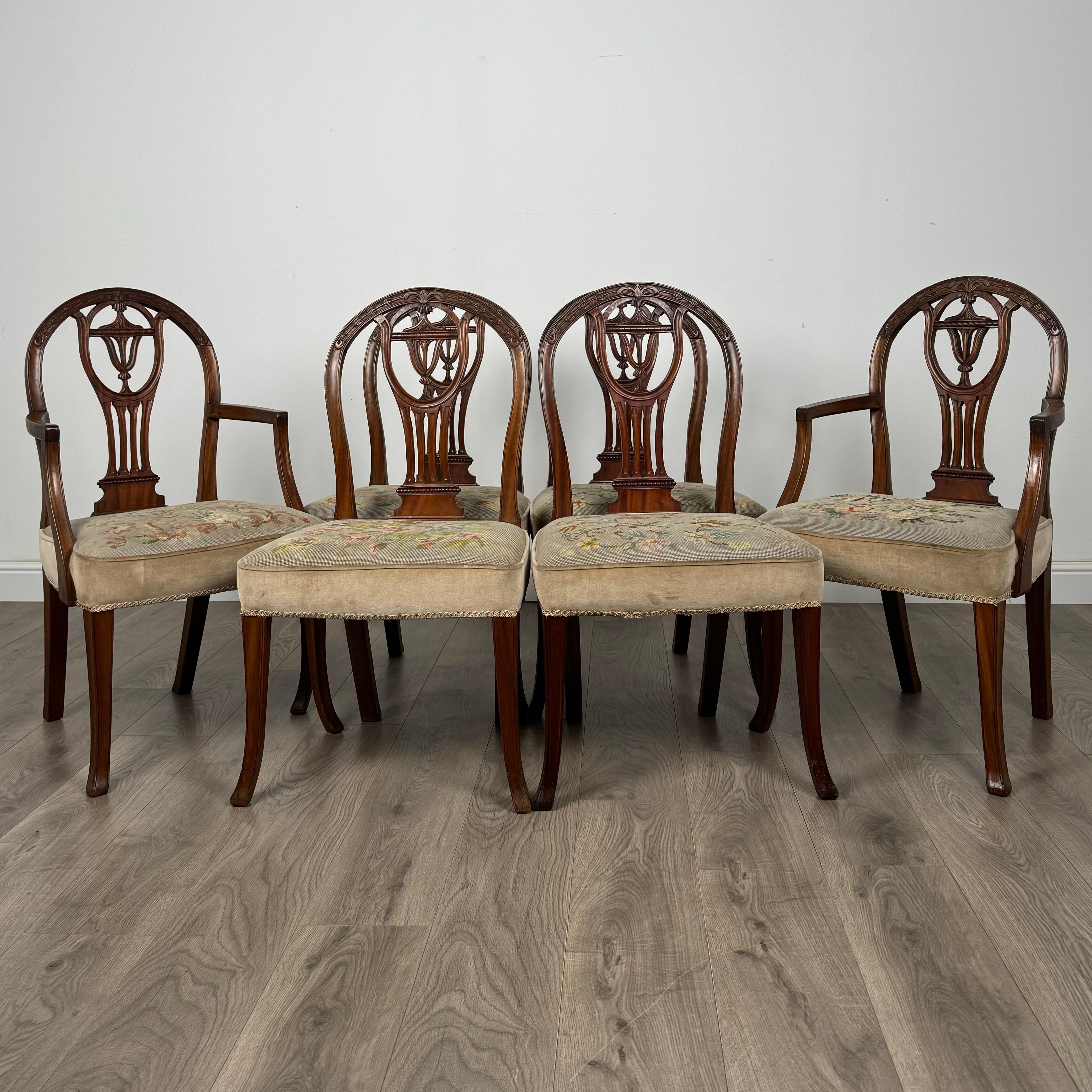 Elegia la tua sala da pranzo con una bellissima collezione di 6 sedie da pranzo in stile Hepplewhite del XX secolo, realizzate in mogano con sedute imbottite e rivestite in elegante tappezzeria. Le sedie sono caratterizzate da gambe distanziate e