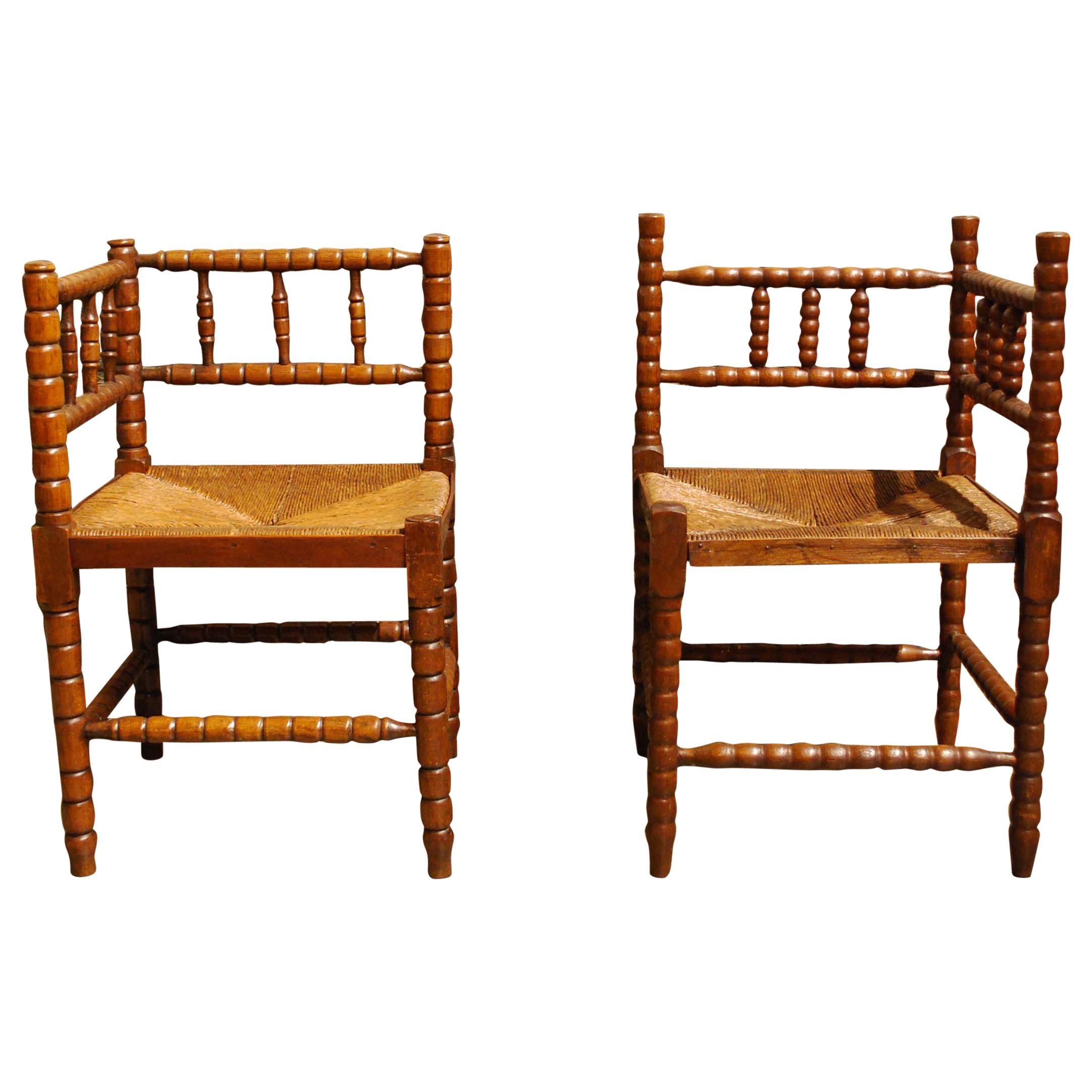 Antique 20th Century Set of French Arts & Crafts Bobbin Corner Chairs For Sale