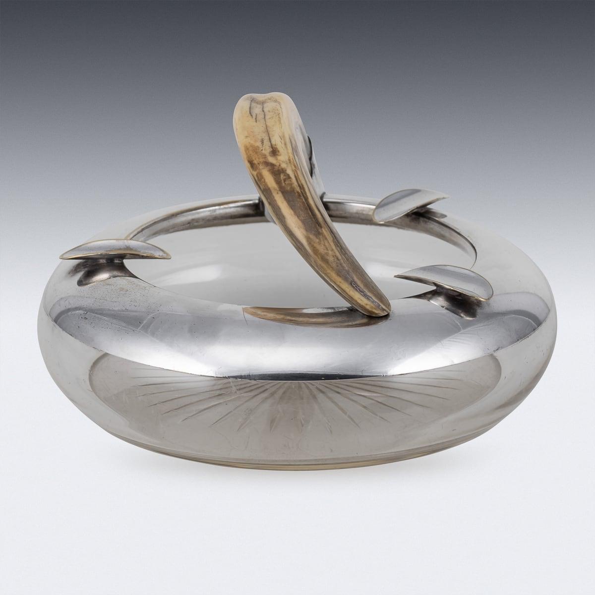 Antique 20th Century Silver Plate & Cut Glass Boar Tooth Cigar Ashtray c.1910 2