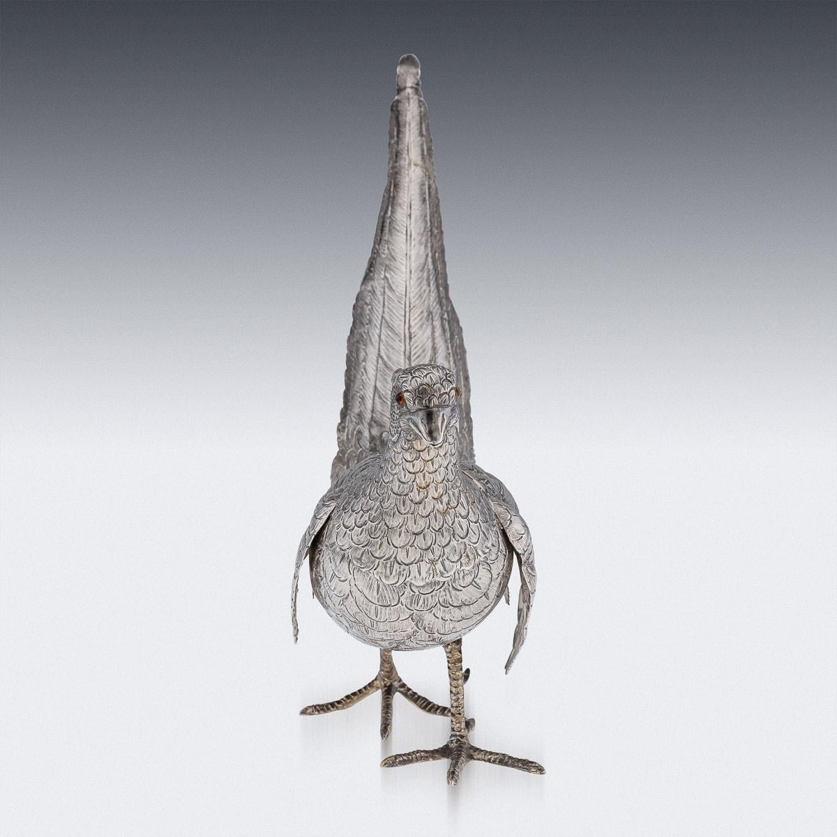 Antique 20th Century Solid Silver Pair Of Pheasant Statues c.1920 For Sale 4