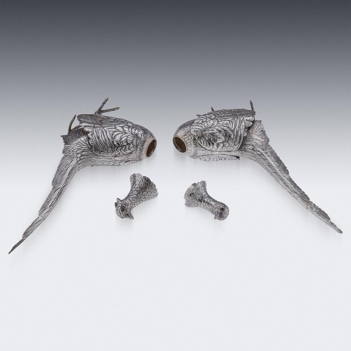 Antique 20th Century Solid Silver Pair Of Pheasant Statues c.1920 For Sale 6
