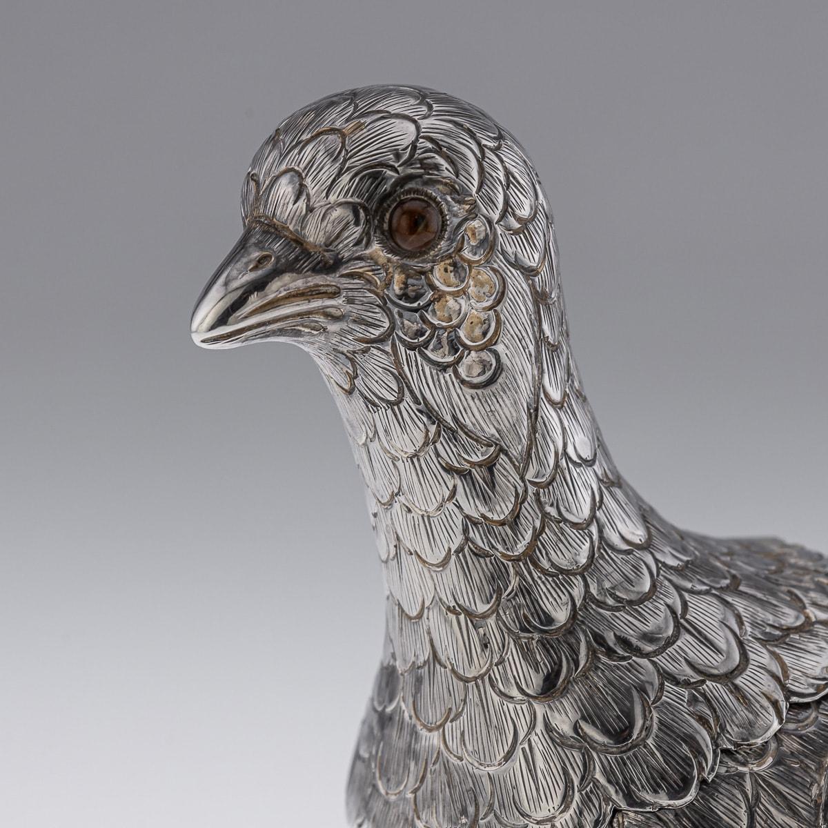 Antique 20th Century Solid Silver Pair Of Pheasant Statues c.1920 7