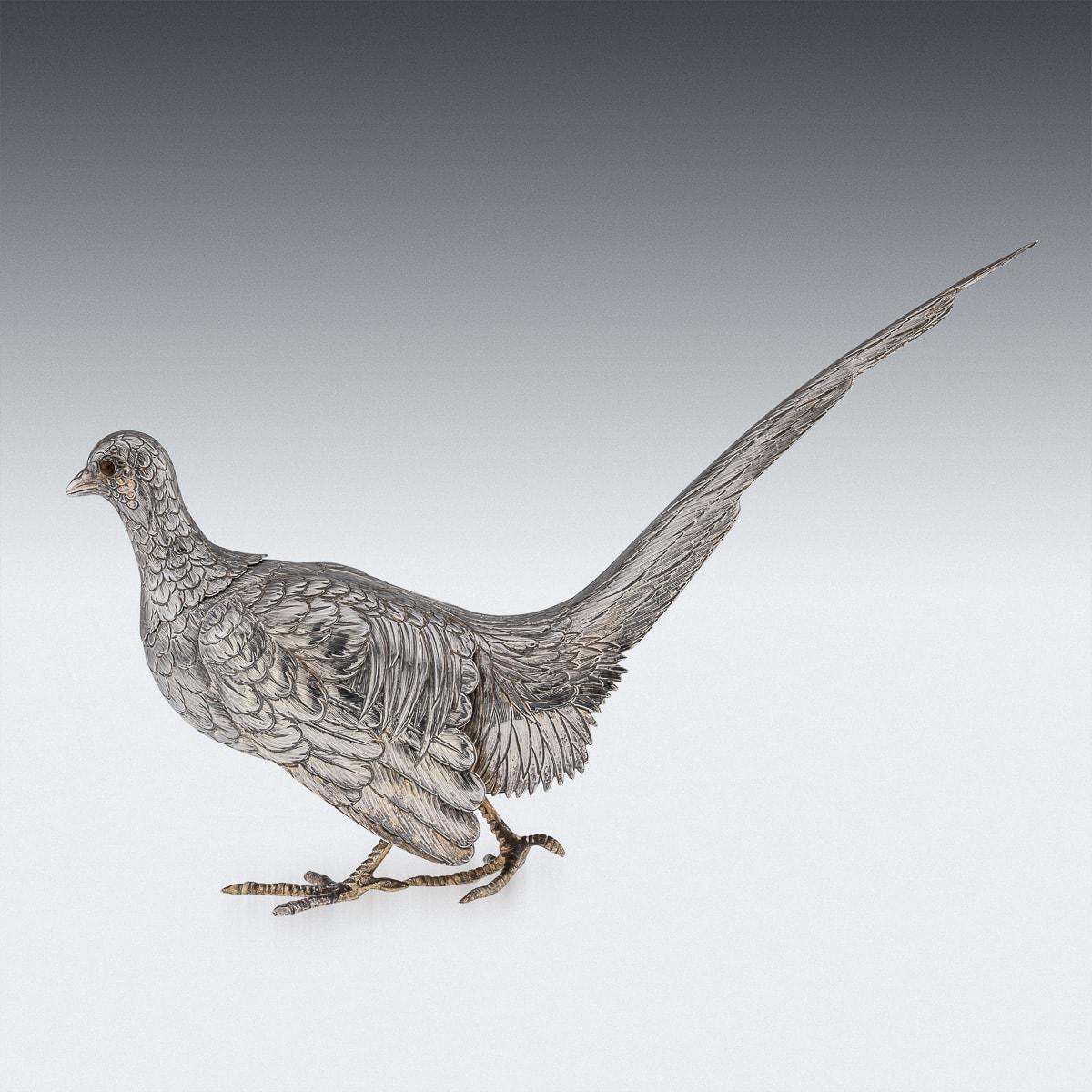 Other Antique 20th Century Solid Silver Pair Of Pheasant Statues c.1920 For Sale