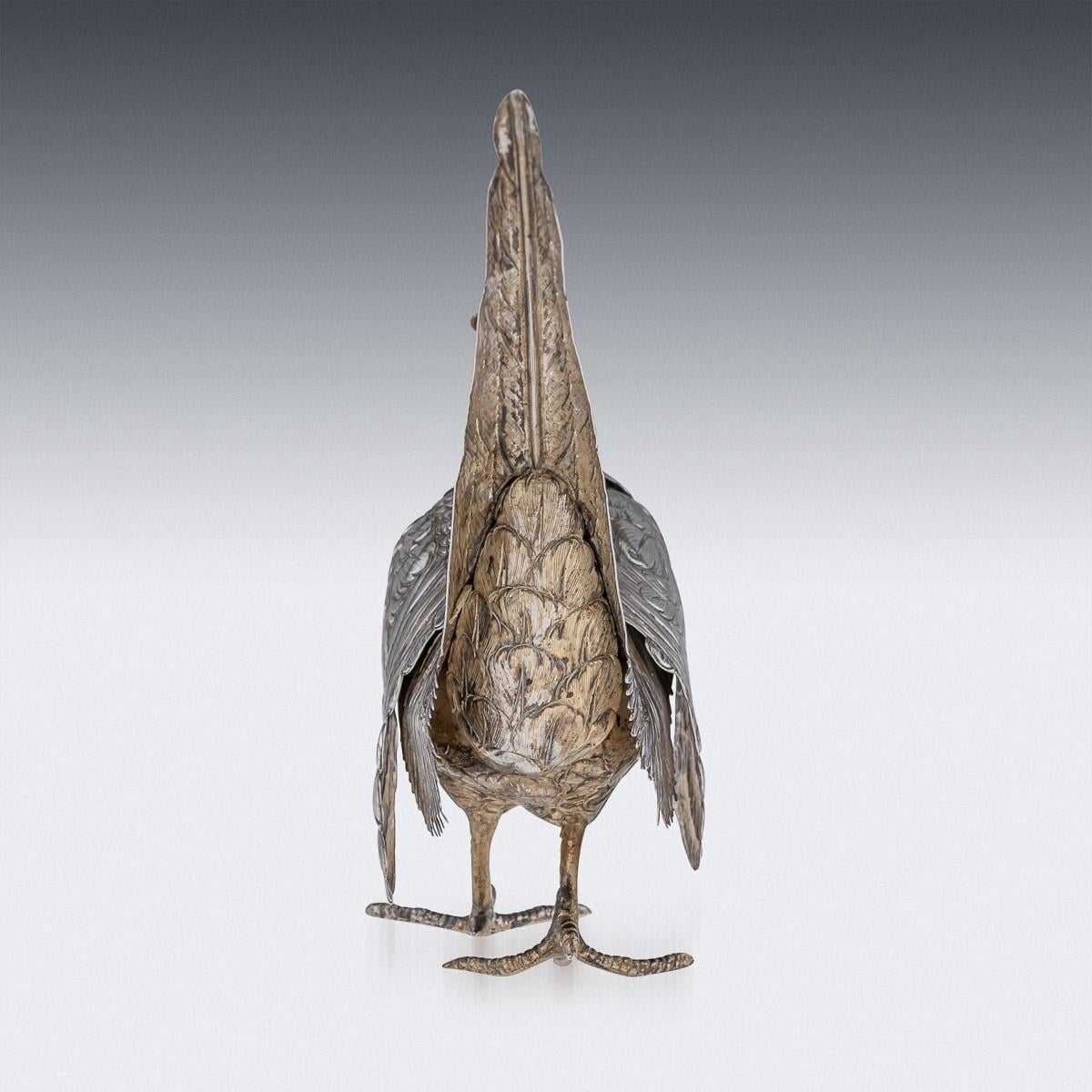 Italian Antique 20th Century Solid Silver Pair Of Pheasant Statues c.1920 For Sale