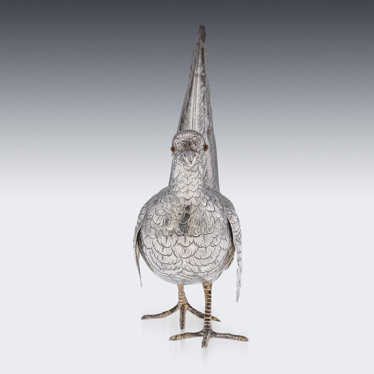 Early 20th Century Antique 20th Century Solid Silver Pair Of Pheasant Statues c.1920 For Sale