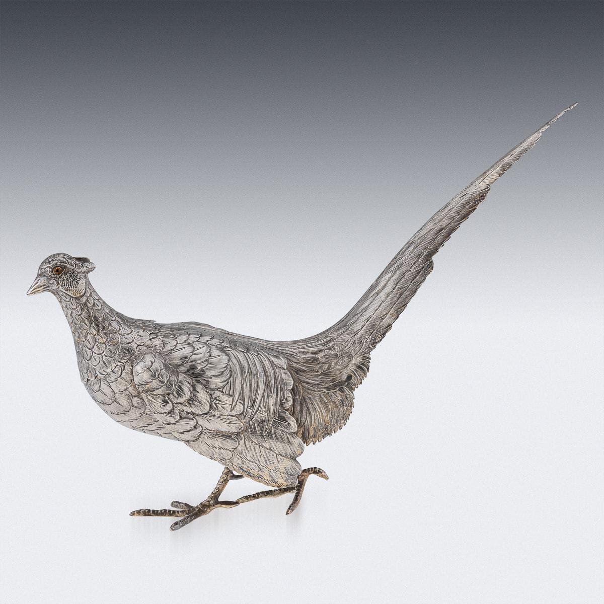 Antique 20th Century Solid Silver Pair Of Pheasant Statues c.1920 For Sale 2