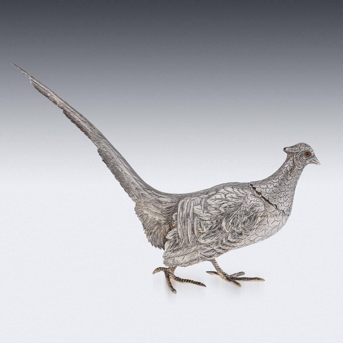 Antique 20th Century Solid Silver Pair Of Pheasant Statues c.1920 For Sale 3