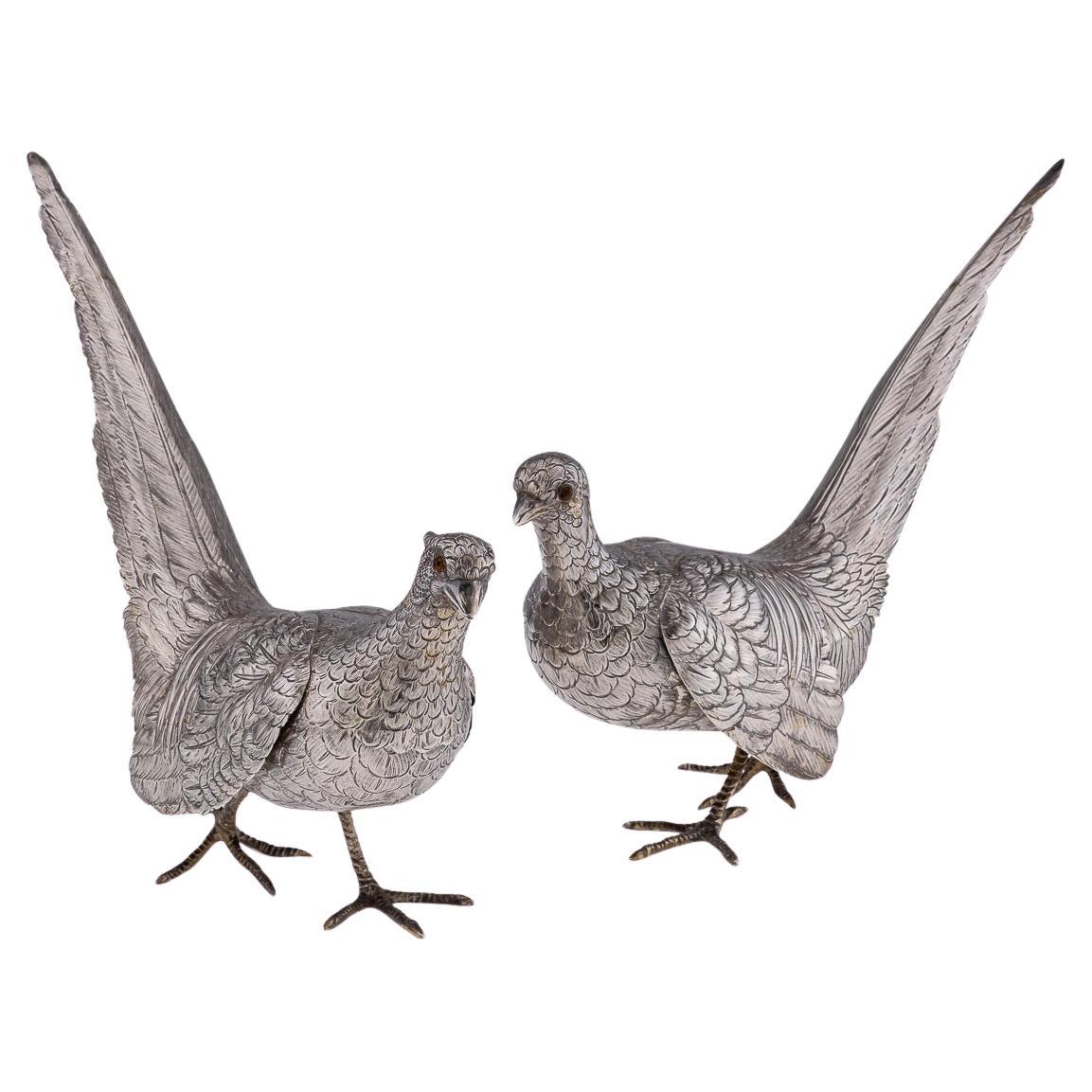 Antique 20th Century Solid Silver Pair Of Pheasant Statues c.1920 For Sale