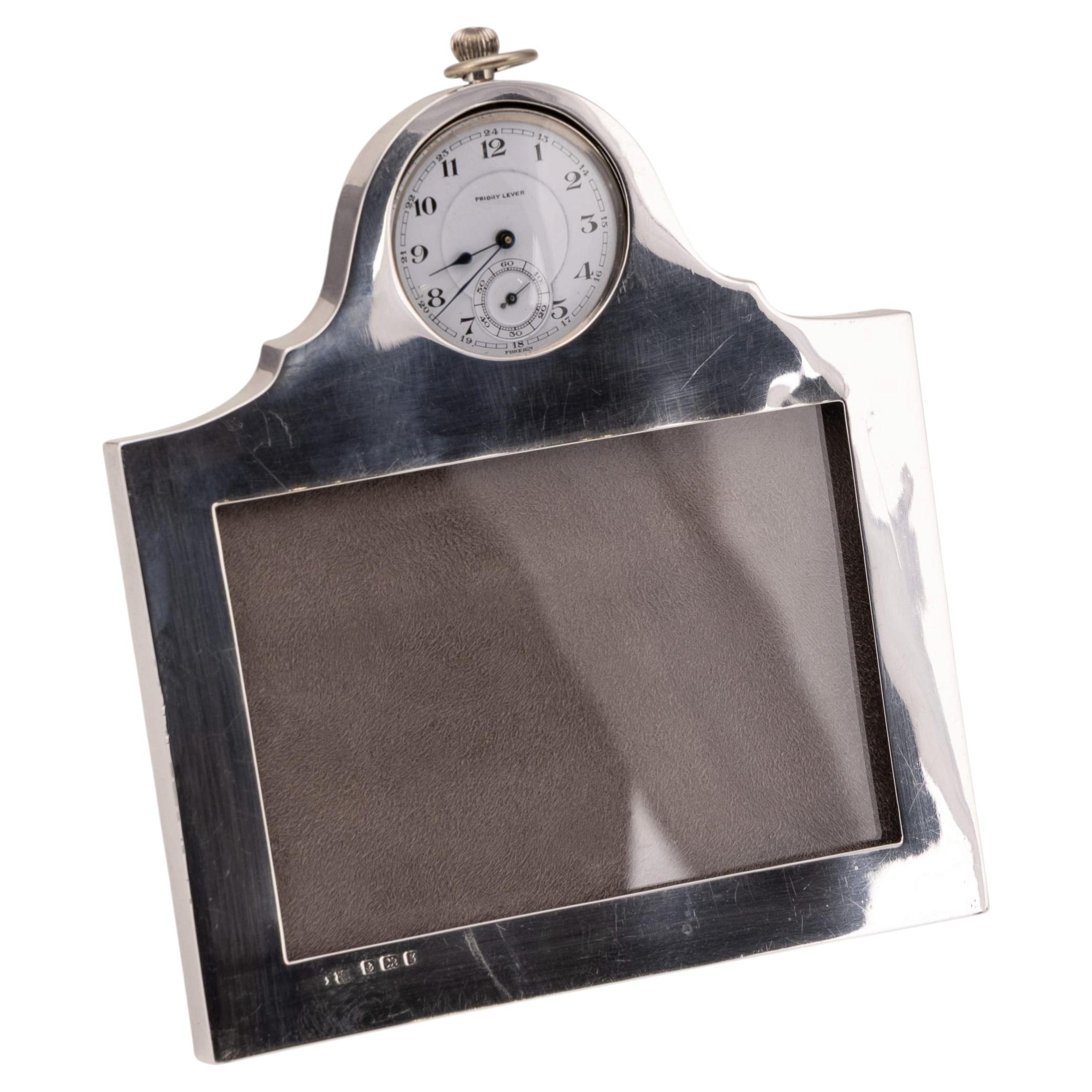 Antique 20th Century Solid Silver Photograph Frame With Built In Clock c.1902 For Sale